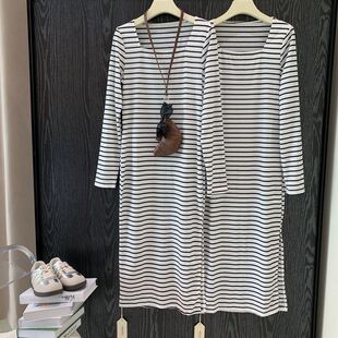 弹力休闲裙子 气质百搭时尚 J71条纹长袖 连衣裙女方领2024早秋薄款