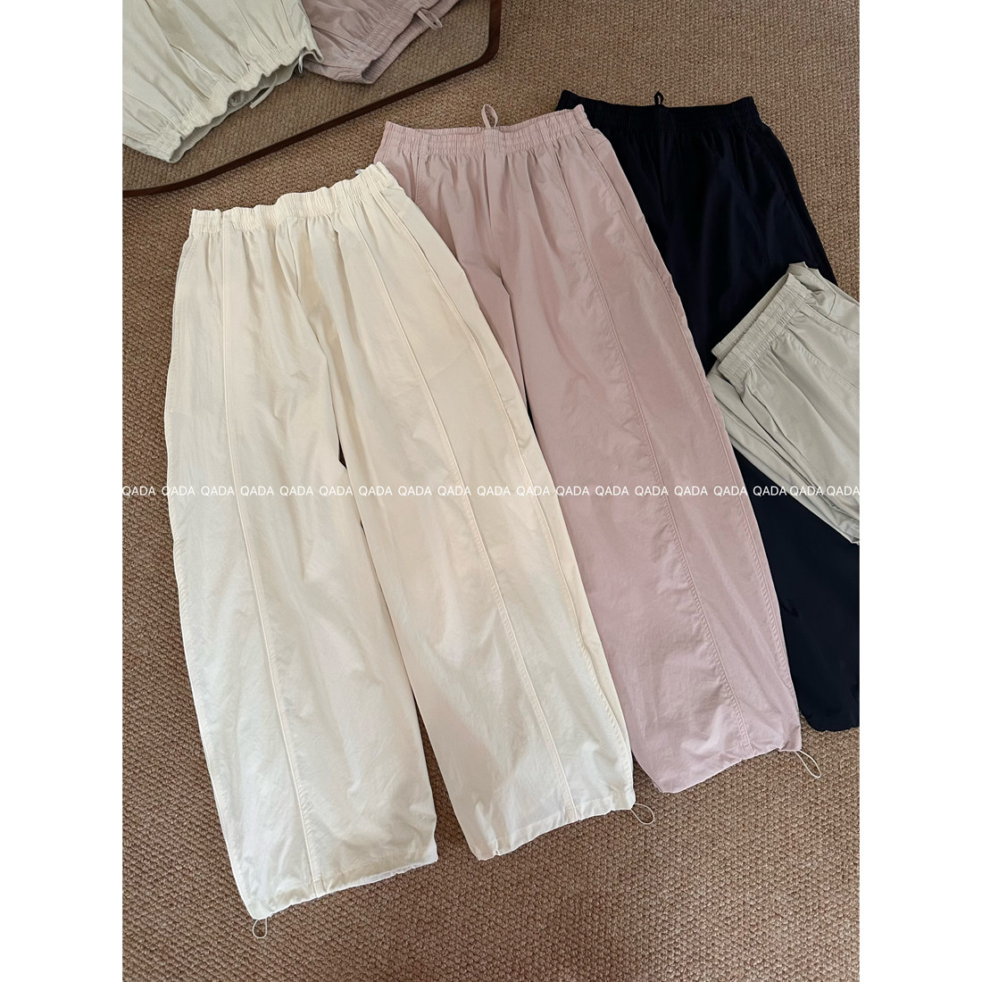 U同款。J42薄款降落伞工装裤女夏季高腰松紧腰阔腿裤速干防晒裤