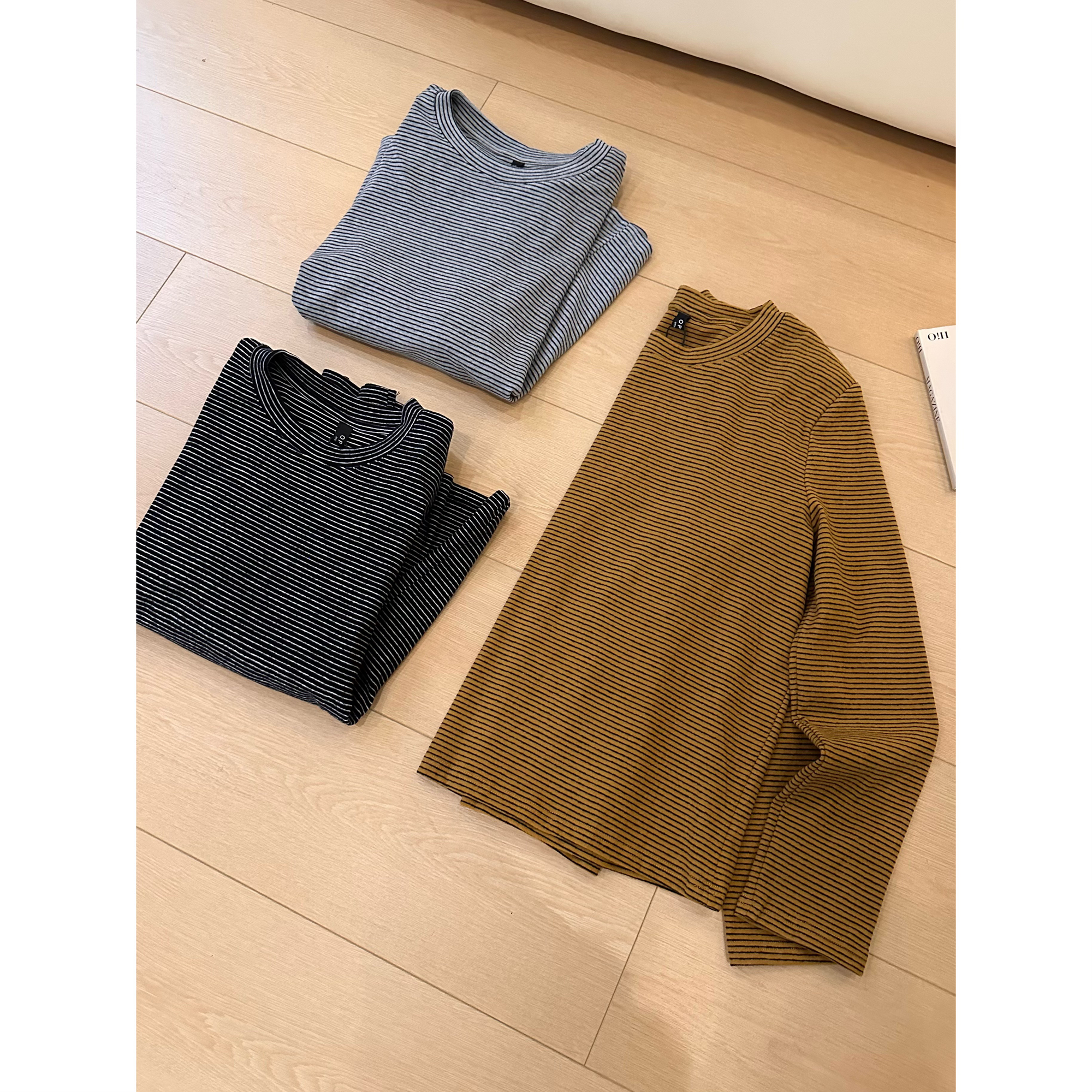 A1条纹长袖打底衫女秋冬圆领宽松显瘦百搭慵懒风磨毛德绒T恤上衣