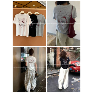 Q33韩单kitty猫刺绣短袖T恤女正肩短款夏季宽松百搭薄款减龄上衣