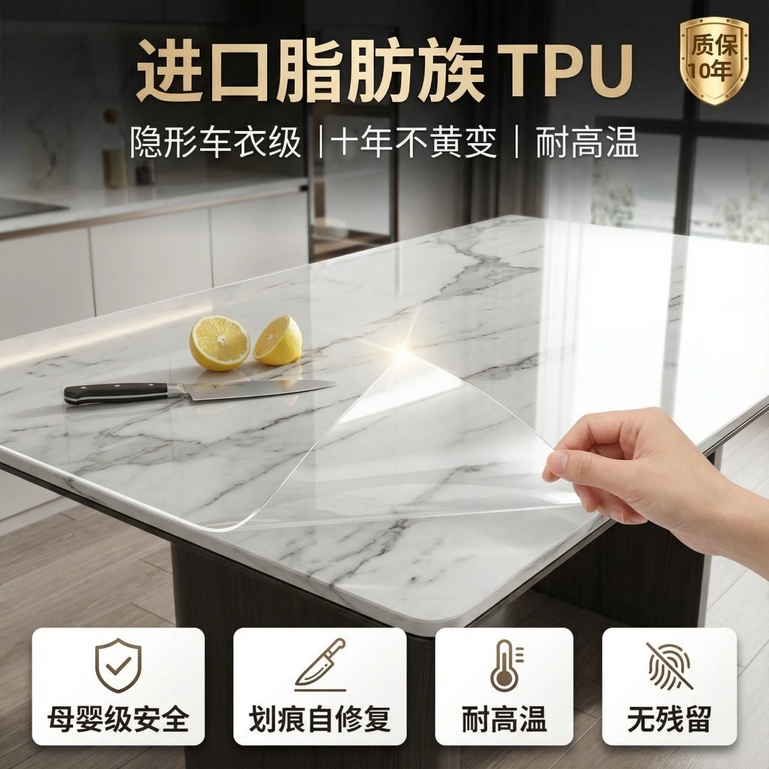 进口TPU餐桌保护膜石英石岩板大理石茶几软玻璃实木家具灶台贴膜
