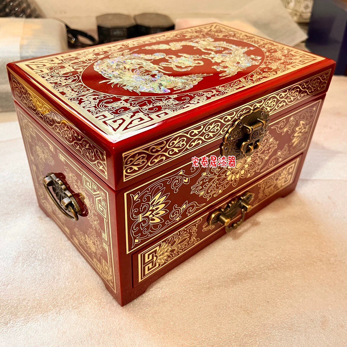 高档全新 古典 木质 客厅 复古风 新中式 漆器镶嵌铜丝首饰箱