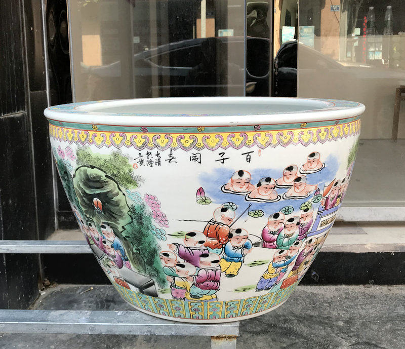 景德镇陶瓷器手工雕刻大小号鱼缸水缸粉彩百子图摆件庭院居家摆设