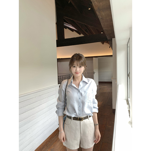 新品 AHY 100高克重高质感肌理感透气亚麻定染蓝纯色衬衫