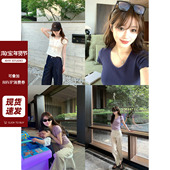 现货AHY 新品 小韩出品特殊灰紫色定制花边合身短袖 tee夏季