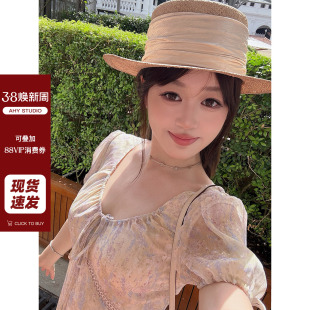 宽松碎花连衣裙新品 现货AHY 秋叶海棠水墨印花收腰V领泡泡袖