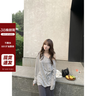 T新品 现货AHY 莱赛尔羊毛爽滑亲肤宽松圆领条纹长袖