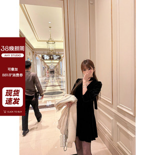 气质法式 新款 飘带裙子 黑色v领丝绒连衣裙女2025年春装 现货AHY