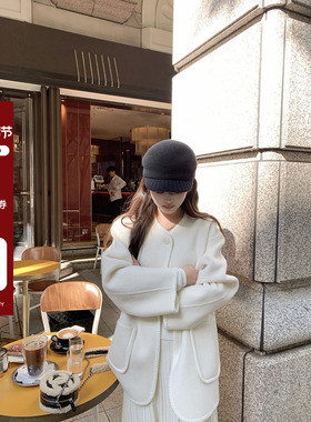 现货【AHY】100%羊毛小香编织奶油白色双面呢羊毛大衣25新品