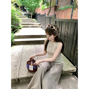 莱赛尔亚麻镂空针织罩衫 套装 垂感凉爽休闲裙裤 新款 女2024夏季 AHY