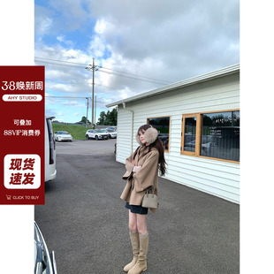 双面羊毛大衣新品 5羊绒95羊毛连帽斗篷羊绒混纺蝙蝠袖 AHY 现货