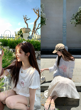 【AHY】双版本tee 好版型大圆领可斜肩水印印花tee长短袖上衣新品
