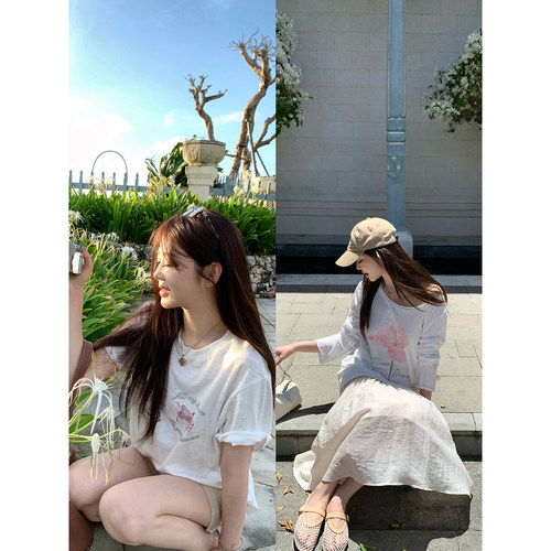 【AHY】双版本圆领斜肩印花T恤