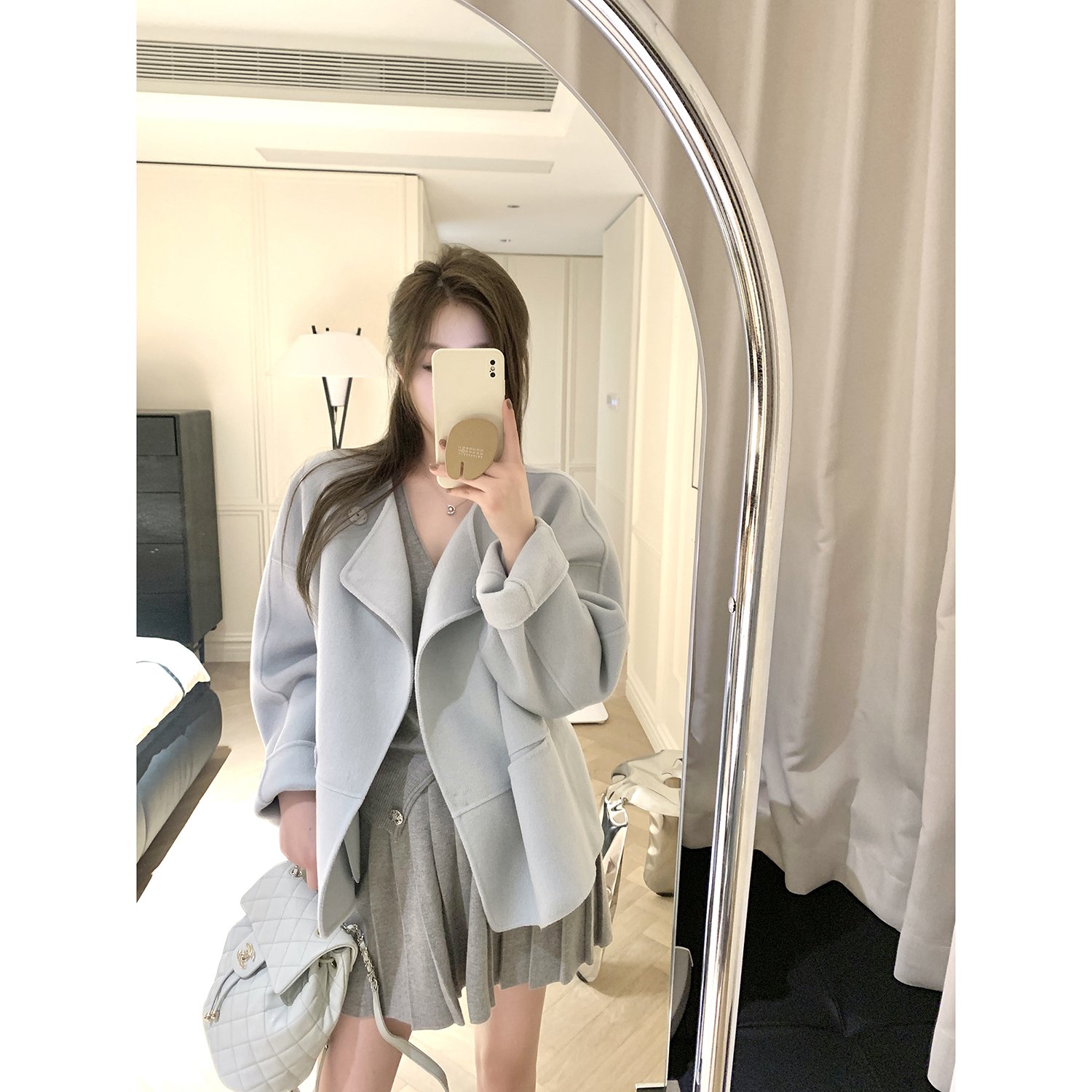 AHY 短款简约羊毛慵懒双面呢大衣女2023秋冬新款宽松软糯气质外套