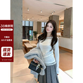 新品 miu系简约天丝羊毛纯欲圆领显瘦蕾丝拼接打底衫 AHY 现货