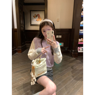 AHY 宽松圆领套头气质针织上衣 30%羊毛拼色毛衣女2024秋冬新款