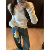 波点直筒牛仔裤 时尚 2024年秋季 AHY 新款 女阔腿宽松长裤 浅蓝色裤 子