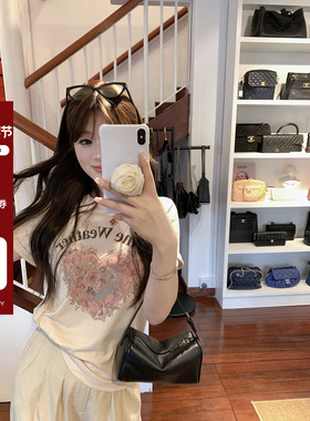 现货AHY 复古甜心100棉肤感做旧数码水印双色印花T恤新品