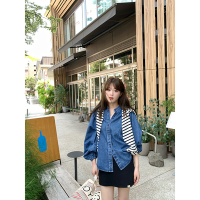 AHY南法印象泡泡袖牛仔衬衫