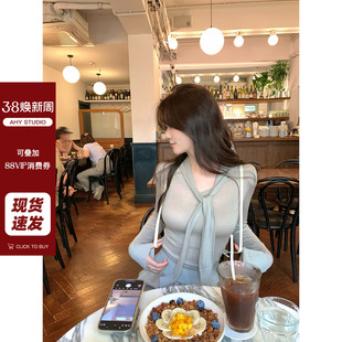 针织打底毛衣女新品 现货 设计感假两件圆领长袖 30羊毛薄款 AHY