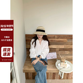 现货AHY 新品 韩系简约100棉蕾丝拼接V领宽松气质条纹白衬衫 蕾丝衫