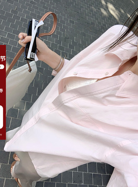 现货AHY纯棉长袖白色衬衫女2025春宽松气质粉色衬衣立领百搭上衣