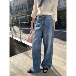 拖地阔腿裤 AHY 新款 女2024夏季 子 洗水蓝宽松显瘦复古休闲牛仔裤
