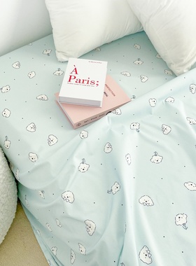 小狗团子 干净蓝色系全棉床单床笠原创可爱小白狗插画100纯棉单件