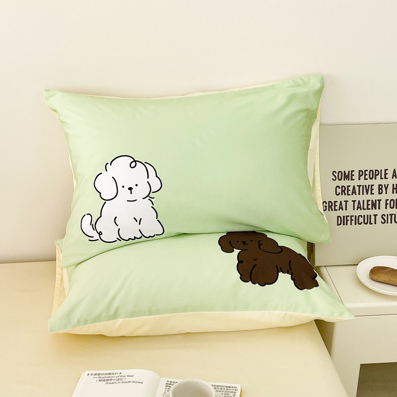长绒棉奶绿色枕套原创线条小狗