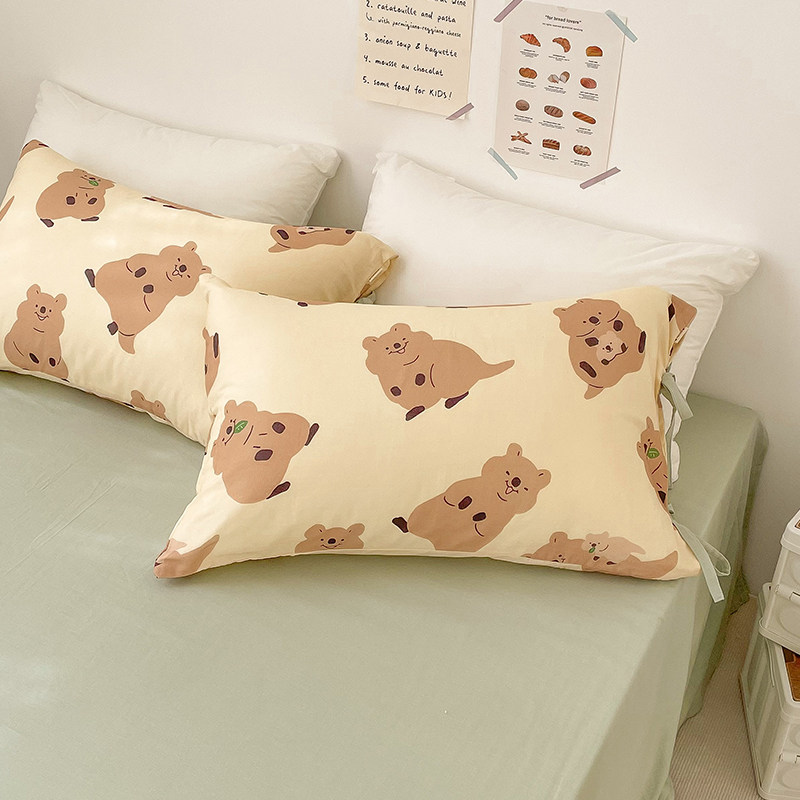 快乐矮袋鼠 原创插画清新黄绿色A类全棉双层纱枕套枕芯罩可定制