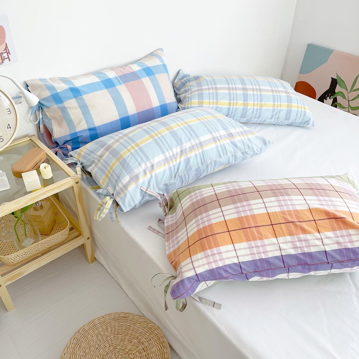 复古系格子全棉色织格纹系带枕套