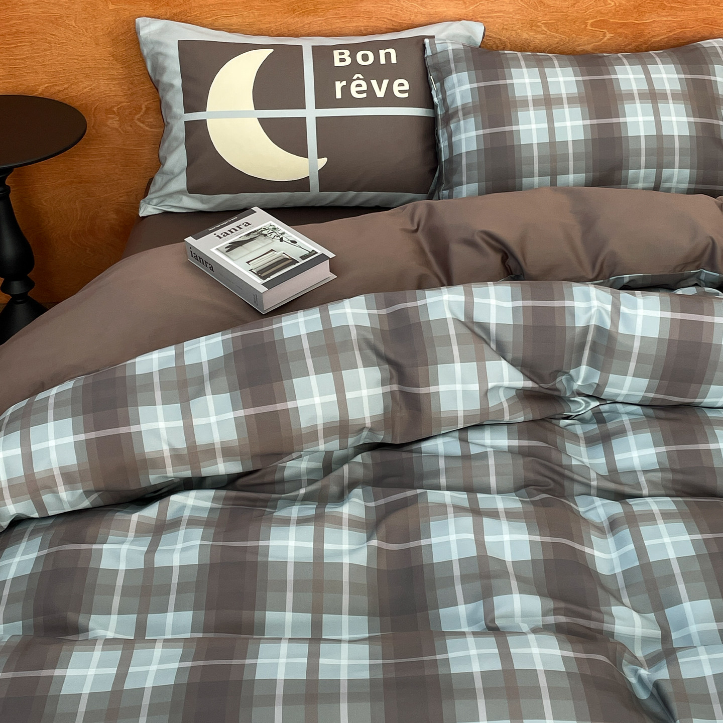 蓝色晚安 原创韩系撞色60支全棉三四件套蓝咖格子床单被套单人床,床上用品,床品套件/四件套/多件套,淘宝优惠券,粉丝福利购,淘宝优惠卷