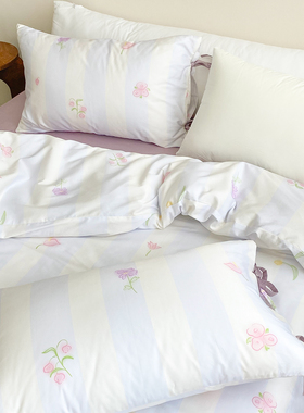 温柔发生时 原创ins风甜美花卉60S长绒棉四件套全棉紫色条纹被套