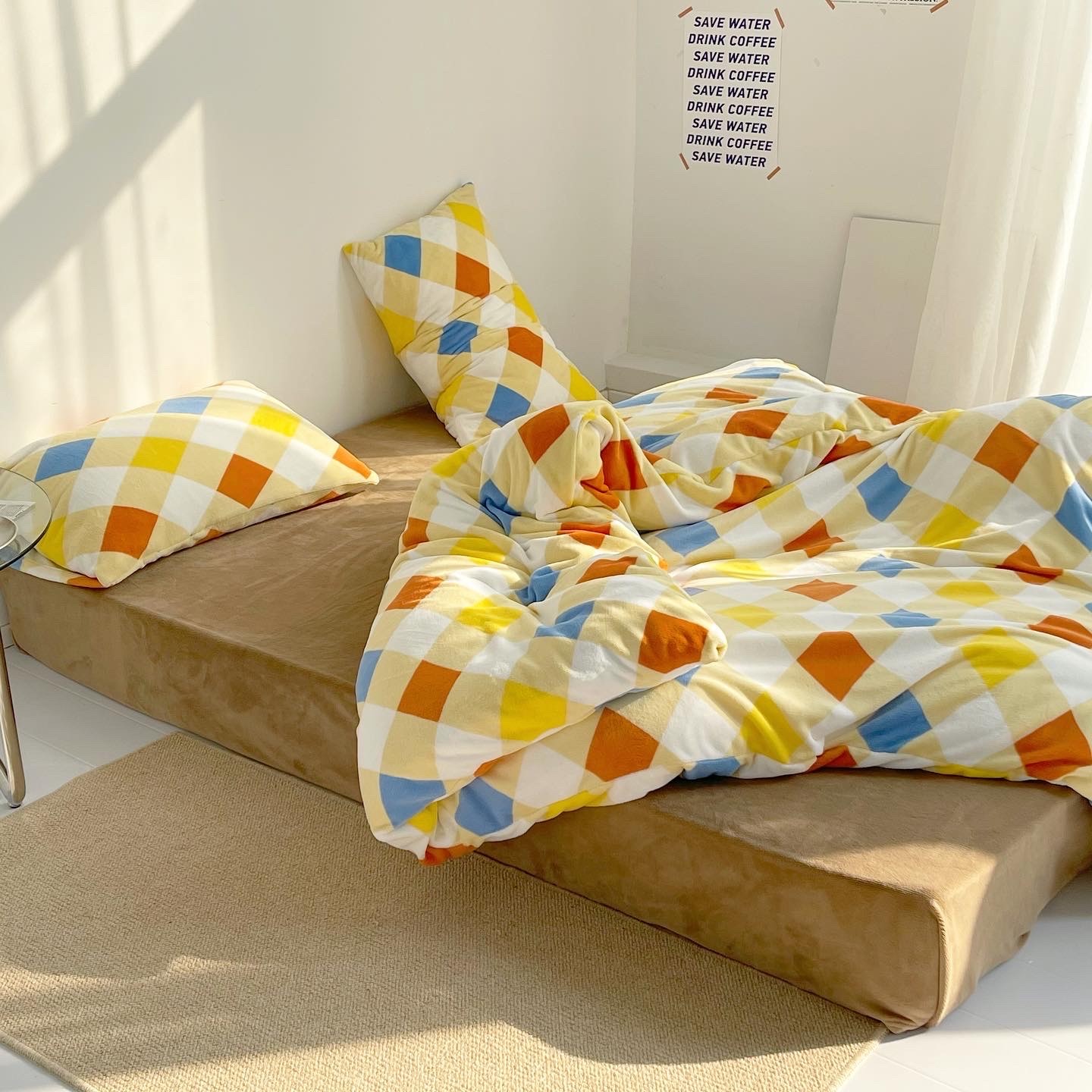 原创撞色百搭菱格奶油绒四件套