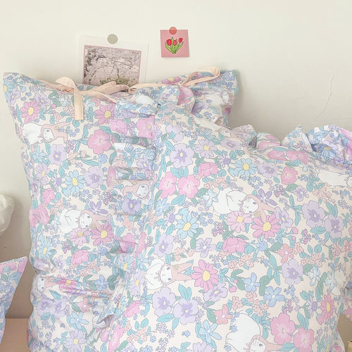 原创插画少女碎花全棉枕套