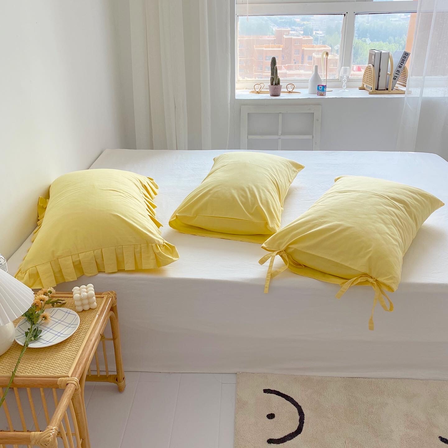 小晴天！晴朗幸福の日子纯色明黄全棉枕套单人信封花边蝴蝶结少女