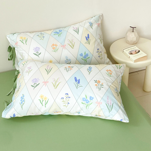 栅栏小花 设计师手绘小众田园风花卉格子全棉枕套枕芯罩48x74单只