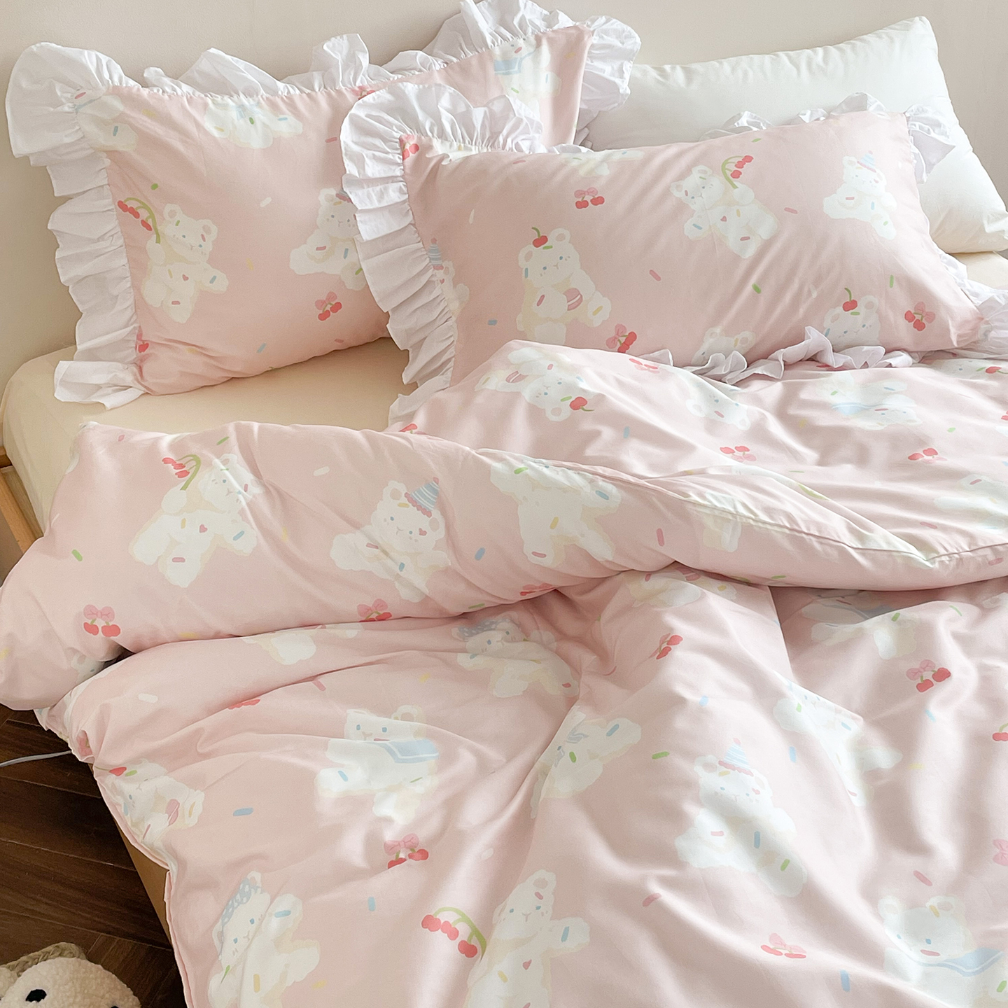 甜甜熊可丽 原创奶油小熊甜美可爱粉床单被套四件套100全棉公主风