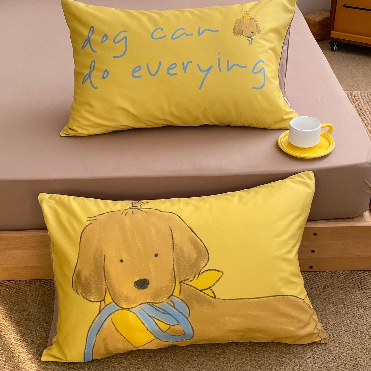 小狗假日 独家款卡通全棉枕套可爱小狗枕芯套温暖感姜黄色48x74cm