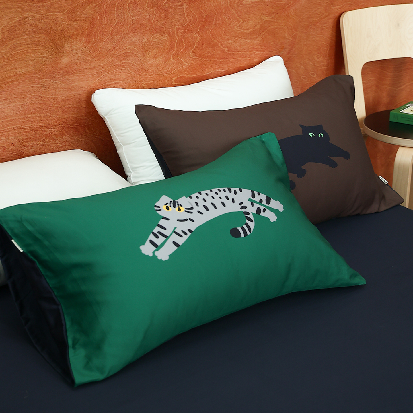 猫猫收藏家 原创中古绿60支全棉枕套100棉长绒棉枕芯罩灰猫咪黑绿