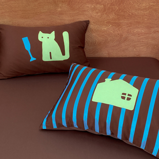 微醺小猫 撞色全棉60s长绒棉枕套枕芯罩ins风单只48X74cm 原创美式