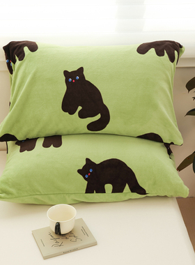小夜猫 绿色系鬼马原创奶油绒枕套毛绒卡通小黑猫枕芯罩亲肤柔软