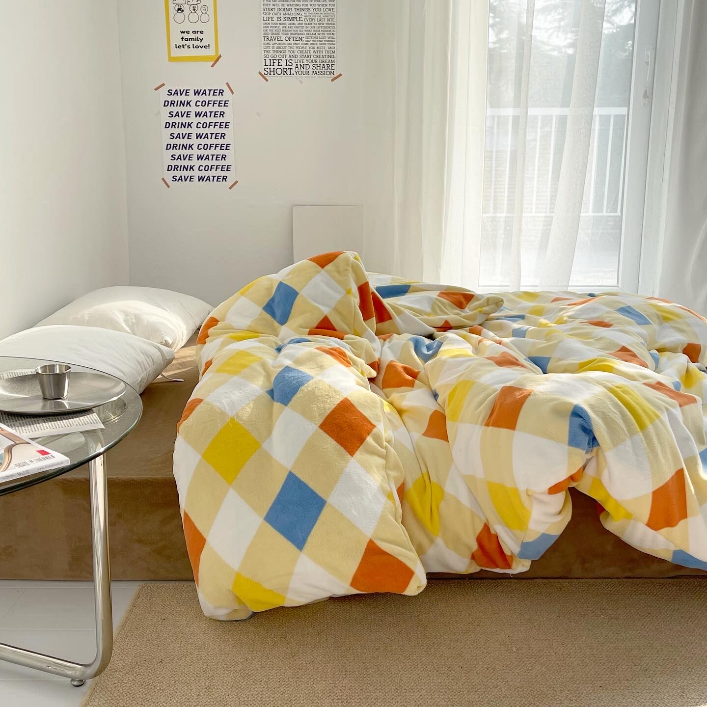 原创温暖撞色菱型格奶油绒被套