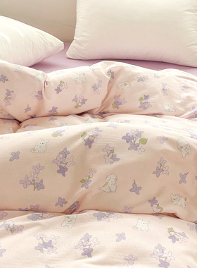 丁香好好梦 插画小狗原创紫色碎花全棉双层纱被套单件被罩 可定制