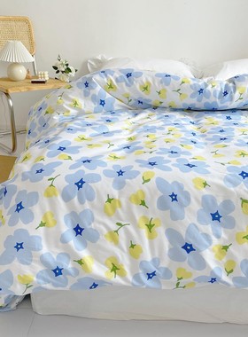 又见夏 原创设计清新黄蓝色小花朵全棉被套单件被罩单双人 可定做