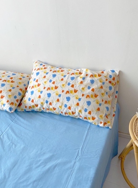 韩国ins郁金香蓝色清新单人枕套全棉宿舍单只枕罩不含枕芯 可定制