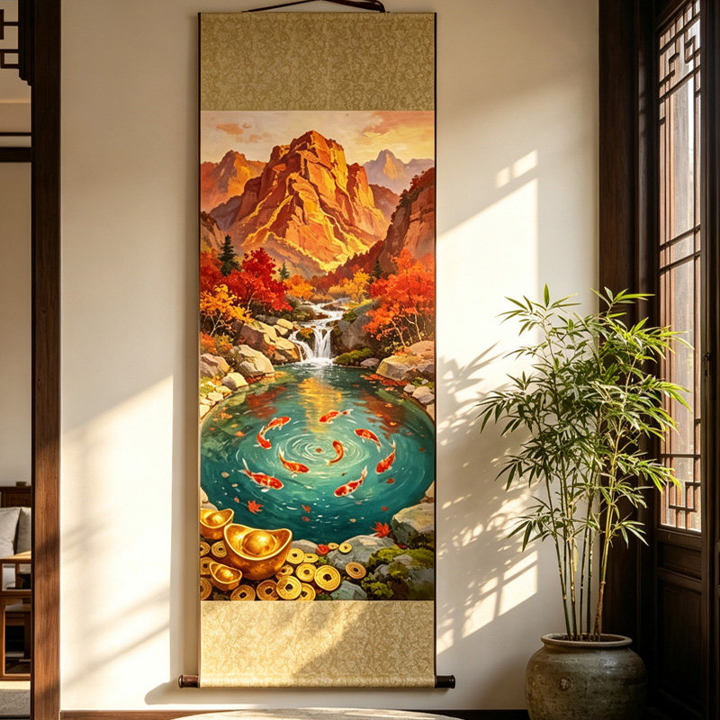 国画聚宝盆山水画挂画新中式客厅玄关办公室招财装饰画九鱼图聚财
