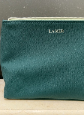 现货！la mer海蓝之谜复古墨绿色十字纹pu化妆包手拿包
