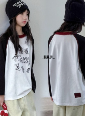 己又合童装2025秋季新款女童韩版撞色卡通休闲百搭长袖T恤11098