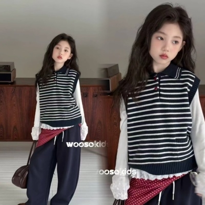 wooso童装2025秋季新女童韩版翻领条纹针织马甲加白色打底衫99613